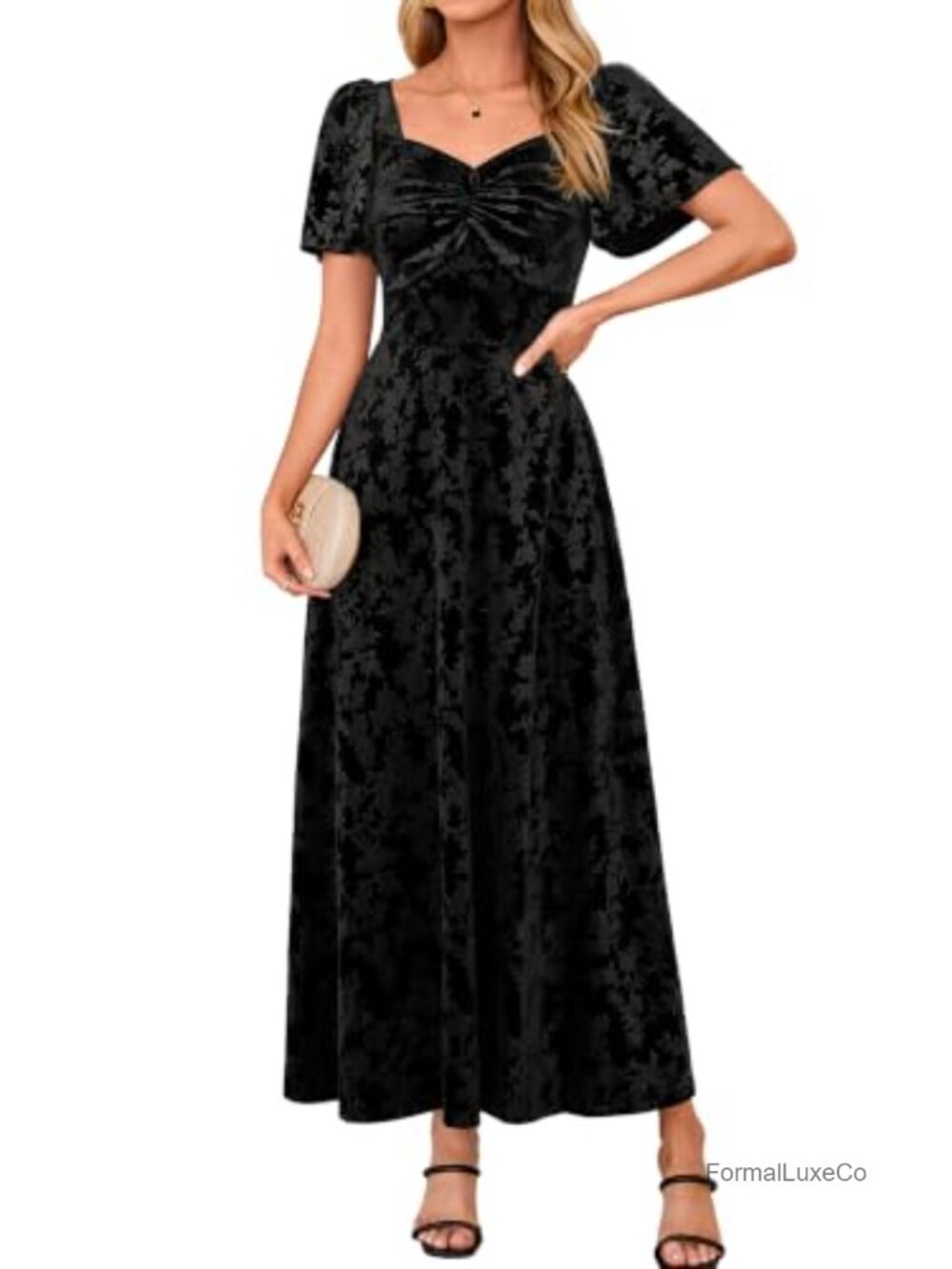 Velvet Maxi Dress Twist Knot Smocked Semi Formal Wedding Guest